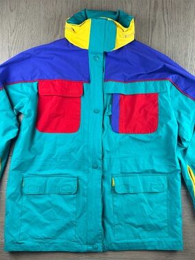 Vintage Eddie Bauer Gore Tex Jacket Hooded Colorblock 90s Teal Red Blue L